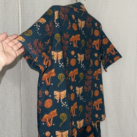 THEIR NIBS S-XL Dark Blue Orange Autumn Cotton Short Sleeve Crop Pants PJ Set - Picture 8 of 16